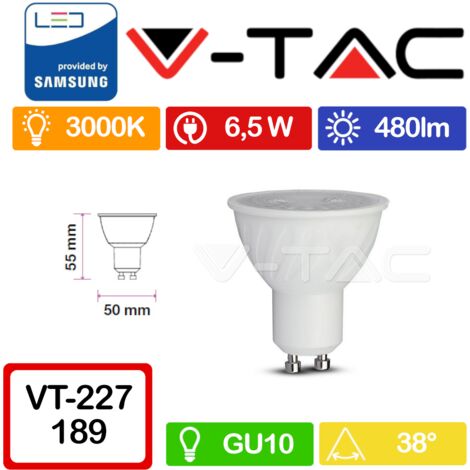 V-TAC PRO VT-227 Faretto LED GU10 con Chip Samsung 6,5W 38° Copertura trasparente Bianco caldo - 3000K