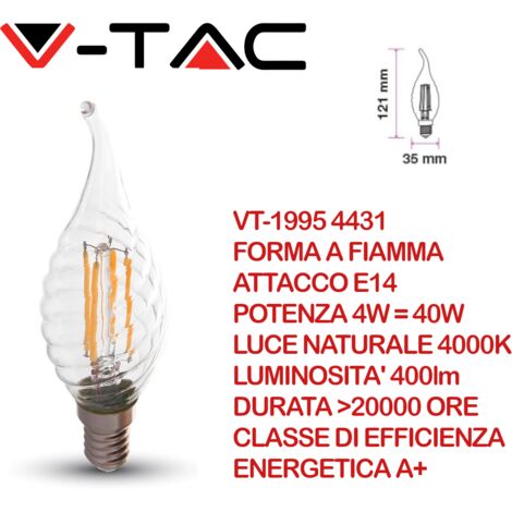 V-TAC VT-1995 Lampadina LED E14 4W Candela a Fiamma Tortiglione a Filamento Bianco naturale - 4000K