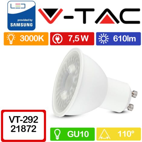 V-TAC PRO VT-292 Faretto LED GU10 con Chip Samsung 7,5W 110° Bianco caldo - 3000K