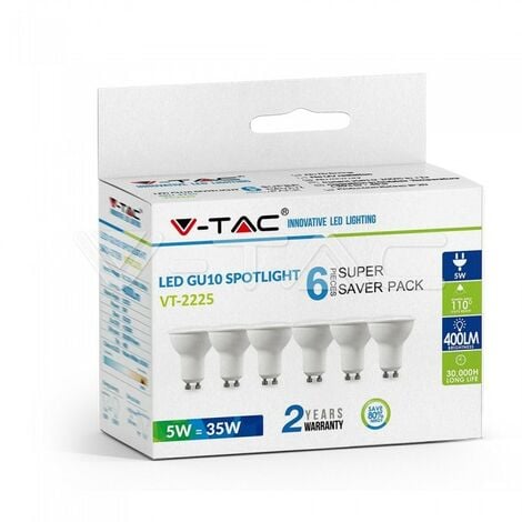 V-TAC VT-2225 Confezione da 6 faretti LED GU10 5W 110° Copertura Satinata Bianco freddo - 6400K