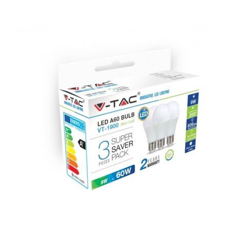 V-TAC VT-1900 Box 3 Lampadine LED E27 9W A60 Bianco caldo - 2700K