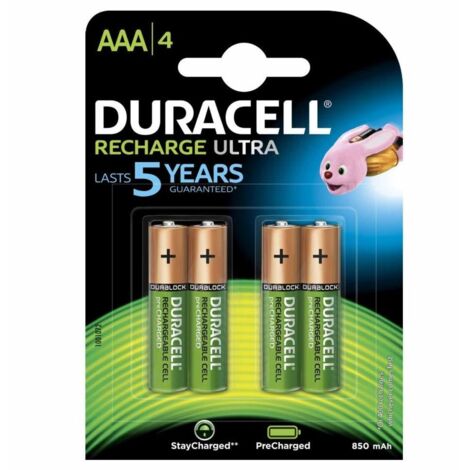 Blister da 4 batterie ricaricabili Ni-Mh ministilo AAA 1,2V 900mAh Duracell "Recharge Ultra" (1/10)