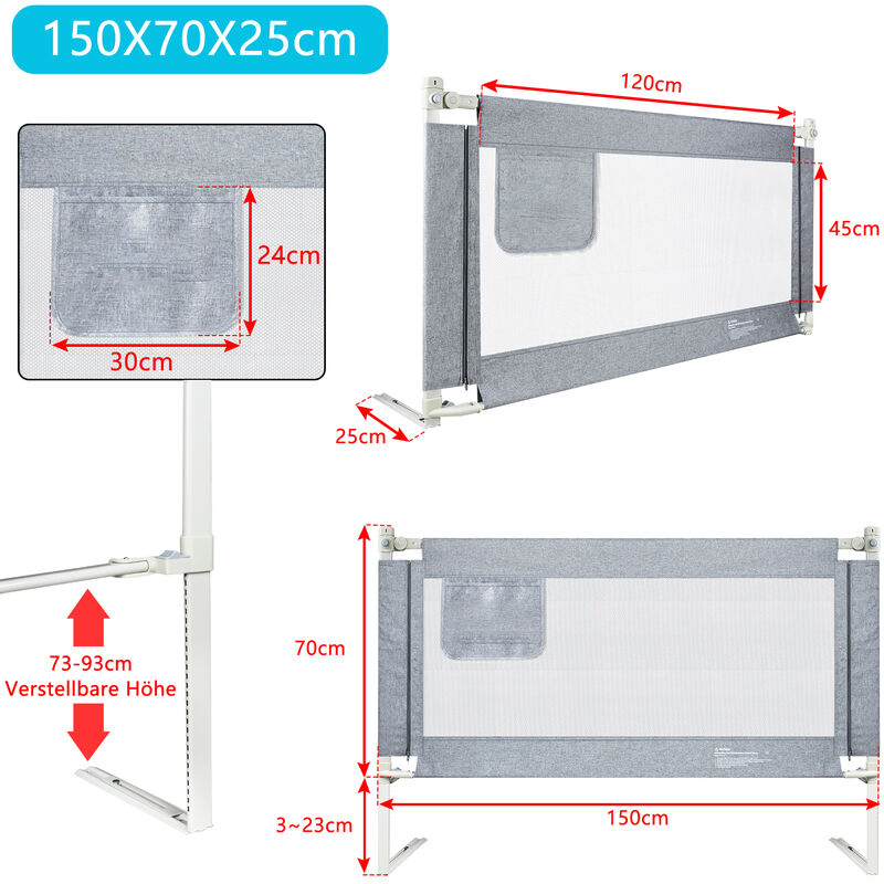 Costway Sponda per il letto 120 cm pieghevole, Sbarra per culla  convertibile per letto singolo matrimoniale, Grigio>