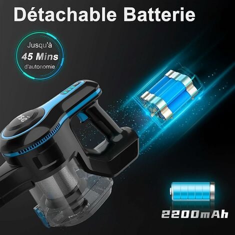 Aspirateur Balai sans Fil 30KPa, aspirateur 6-en-1 Aspirateur 2200 MAH Batterie sans fil sans sac, Bleu, 55 mins d'autonomie, grand bac à poussière 1.2L, batt