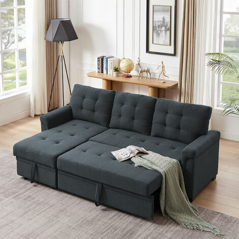 3 Seater Sofa Bed Corner Couch Sectional Settee Sleep Reversible Storage Chaise - Dark Grey Linen
