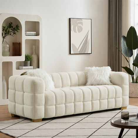 Teddy Fleece Fabric 3 Seater Sofa Loveseat Couch with 2 Pillow - Cream