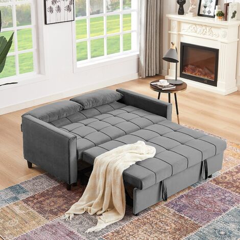 Convertible Velvet 3 Seater Sofa Bed 3-in-1 Pull out Armchair Folding Recliner Sleeper - Grey