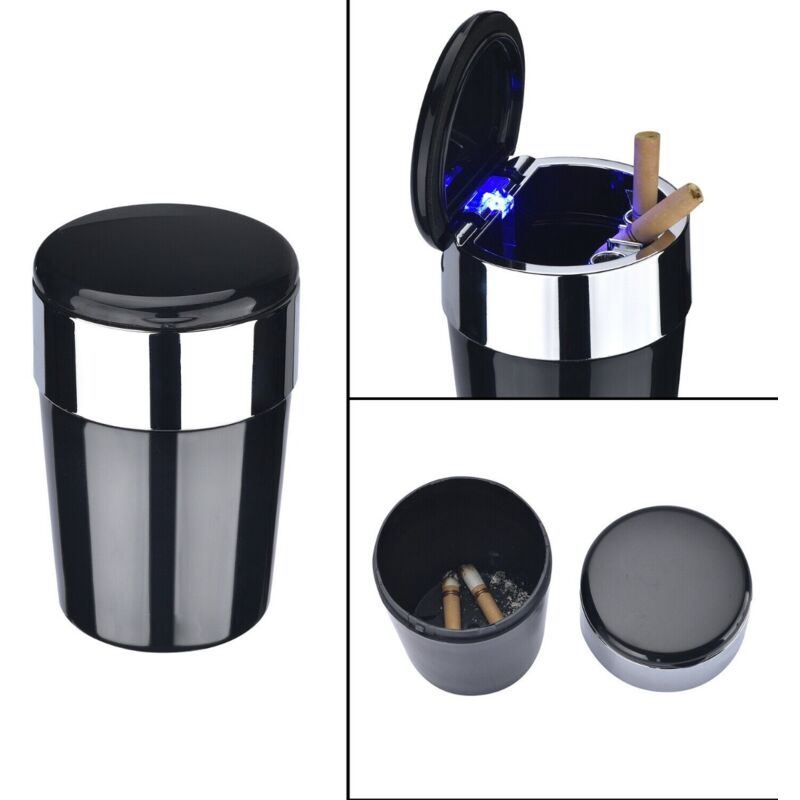 Cendrier De Voiture Avec Couvercle Et LED Bleue - Anti-odeurs, Portable - Compatible Porte-gobelets - ABS Et Acier Inox