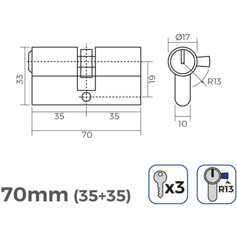 Cylindre de porte à nickel 70mm (35+35mm) court cam r13 avec 3 clés inclus edm