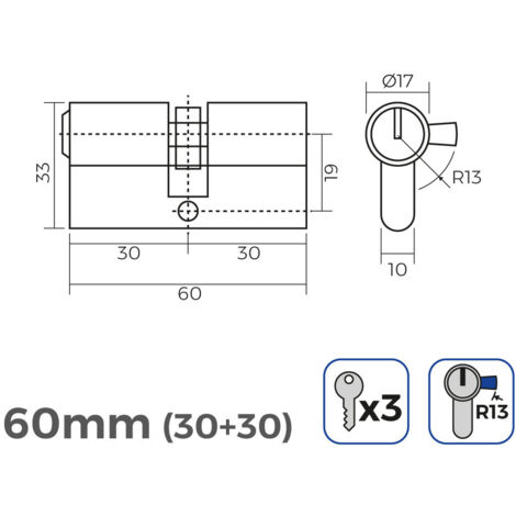 Cylindre de porte 60mm (30+30mm) court cam r13 5 clés de sécurité inclus edm