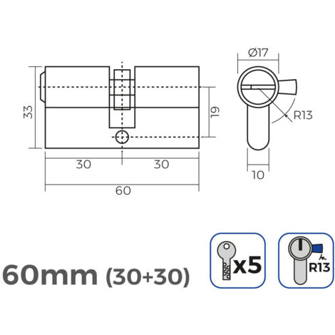 Cylindre de porte 60mm (30+30mm) court cam r13 5 clés de sécurité inclus edm