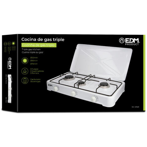 Cocina De Gas Butano EDM Portátil Esmaltada 3 Fuegos