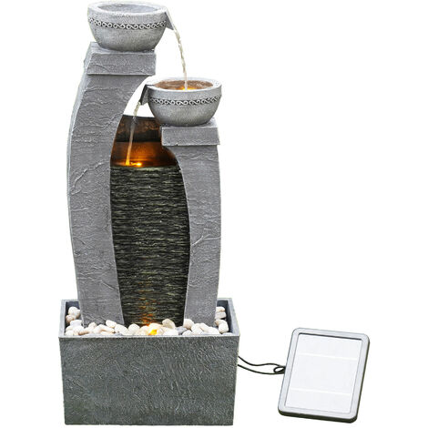 Teamson Home Fontana D'Acqua a Energia Solare con Luci per Esterni e Giardino, Fontana a Cascata, Decorazione a Cascata Interni Grigio Ardesia e Batteria di Riserva