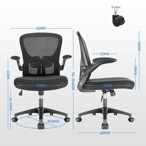 Durrafy Chaise de Bureau Ergonimique Accoudoirs Pliables Noir Fauteuil en Maille Respirante Siège de Bureau à Domicile Pivotant à 360 °