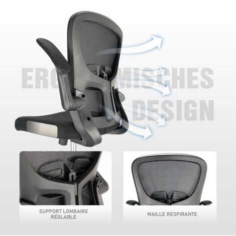 Durrafy Chaise de Bureau Ergonimique Accoudoirs Pliables Noir Fauteuil en Maille Respirante Siège de Bureau à Domicile Pivotant à 360 °