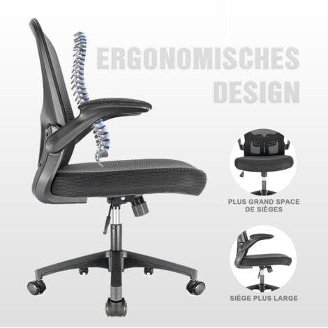 Durrafy Chaise de Bureau Ergonimique Accoudoirs Pliables Noir Fauteuil en Maille Respirante Siège de Bureau à Domicile Pivotant à 360 °