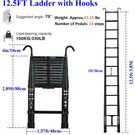  125FT A Frame Telescoping Ladder, Aluminum Telescopic Ladder  w/Balance Bar & Movable Wheel, 330lbs Capacity Compact Ladder, RV Extension  Ladder For Household, Outdoor