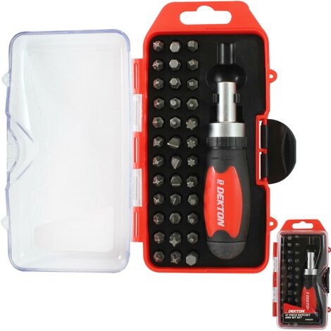 Dekton 38pc Stubby Ratchet Screwdriver Bit Set Torx Hex Pozi Slotted  Phillips (1/3)