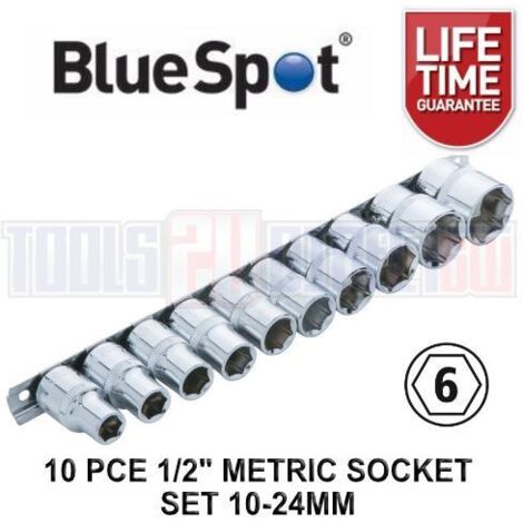 Bluespot 10pc 1/2" Drive Standard Metric Socket Set 10mm-24mm With Storage Rail (1/3)