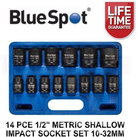 BlueSpot 14pc Metric Shallow Impact Socket Sockets Set 10mm - 32mm 1/2" Drive (1/4)