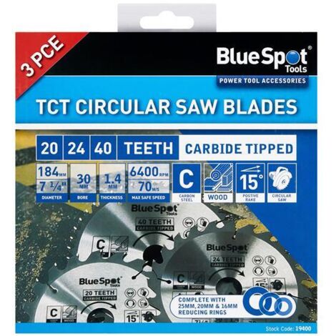 BlueSpot 184mm Circular Mitre Saw Blade 30mm Bore 25 20 16mm Rings 24 40 48T 3pc (1/2)