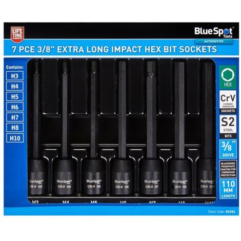 BlueSpot 7pc Extra Long Impact Hex Allen Bit Sockets 3/8" Drive H3 - H10 Set
