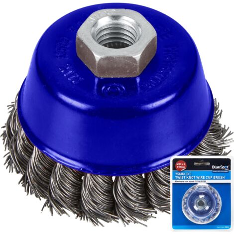 BlueSpot Twist Knot Wire Cup Brush Rust Paint Removal M14 x 2 75mm 3" (1/3)