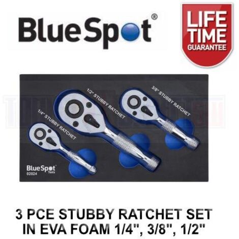 BlueSpot 3pc Stubby Socket Ratchet Handle Set 1/4", 3/8", 1/2" Set In EVA Foam (1/4)