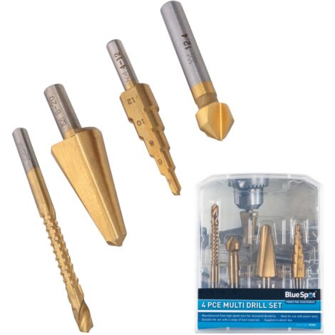 Bluespot 4pc Multi Drill Countersink Step Cone Drill Bit Set Wood Steel Metal (1/3)
