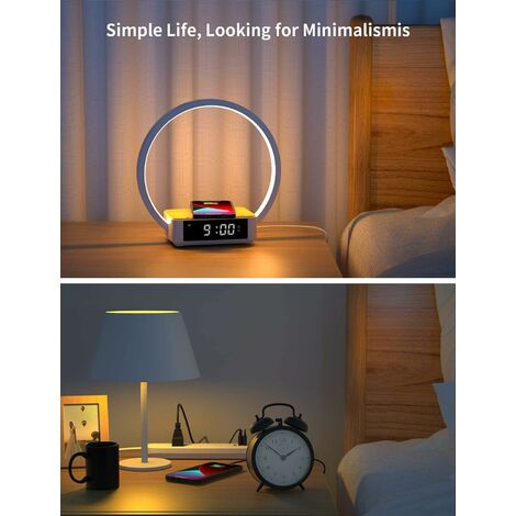 Lampe Chevet LED Avec Chargeur Sans Fil - Réveil Lumineux Tactile - 3 Luminosités - Gris