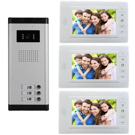 Gotrays – Interphone vidéo couleur 7'' filaire – Caméra IR avec vision nocturne 700TVL – Moniteurs intérieurs pour 3 appartements – Installation murale (1/4)