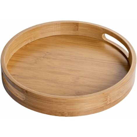 Plateau de service rond en bambou naturel – Dimensions 35x35x5cm – Poignées intégrées pour transport facile – Décoratif pour café et restaurant