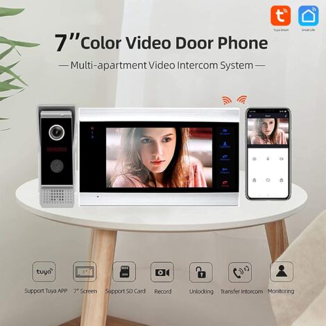 Interphone vidéo, sonnette vidéo WIFI avec moniteur, sonnette filaire de 7 pouces, caméra HD 1080P, support Tuya, déverrouillage à distance, détection de mouvement PIR, vision nocturne