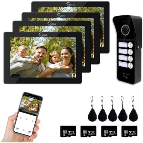 Interphone vidéo 1080P (Sonnette Filaire), Sonnette pour 4 familles, écran Tactile de 7 Pouces, déverrouillage Possible, interphone bidirectionnel (Noir)
