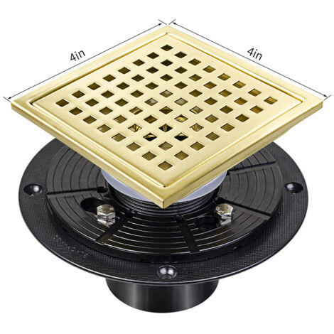 Tuyau d'évacuation de douche de 4 pouces (environ 10,2 cm), couvercle de vidange de douche doré, siphon de sol en acier inoxydable avec bride, grille en maille amovible (1/5)