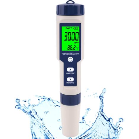 Testeur de sel et pH-mètre numérique pour piscine, eau de mer et eau potable, 5 en 1, salinité, pH, température, EC et TDS pour piscines, jacuzzi, spas, haute précision (1/5)