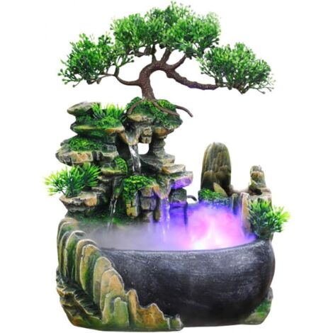 Fontaine Interieur avec éclairage LED, Fontaine de Table Cascade avec Brouillard, Fontaine de Bureau en Résine d'aquarium de Gardin, Fontaine d'intérieur Zen Light avec Plantes