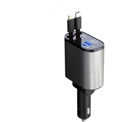 Chargeur de Voiture rétractable 60 W,Chargeur téléphone 4 en 1,câbles Charge Rapide et Adaptateur de Chargeur de Voiture 2 Ports USB,pour iPhone 15/iPad,Galaxy/Google/Huawei (1/4)