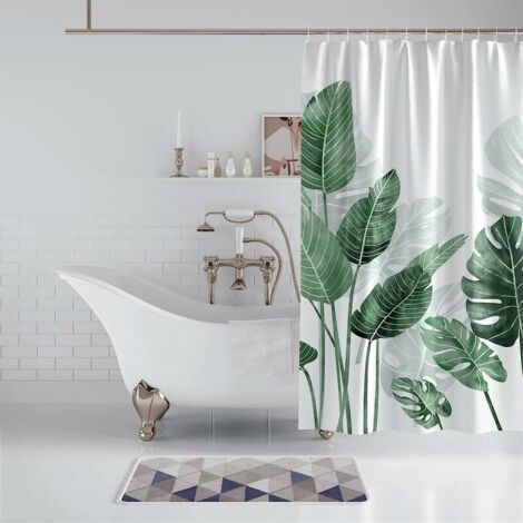 Rideau De Douche Anti-moisissure 180x200 Cm - Motif Feuilles Tropicales, Imperméable, Lavable Machine, Avec 12 Anneaux
