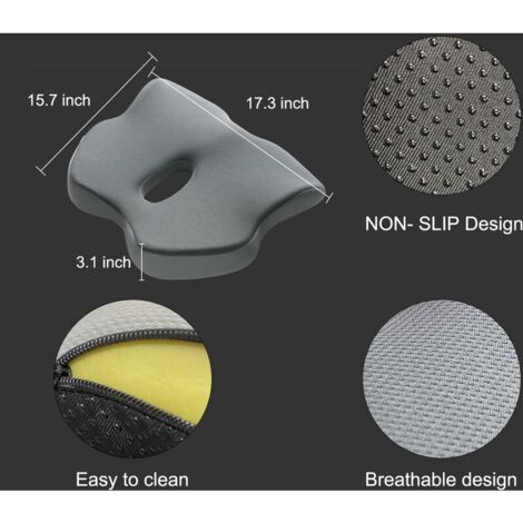 Coussin de Siège, Coussin Chaise Bureau Mémoire de Forme, Coussin Coccyx pour Soulager Hémorroïdes, Douleurs Lombaires et Sciatique, Coussin Ergonomique pour Chaise Bureau Voiture, Gris 45040095mm