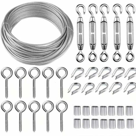 Kit de câble métallique en acier inoxydable de 50 m/2 mm avec tendeur de fil robuste M5, kit de rouleau de fil de clôture, kit de garde-corps de câble, tendeurs de fil de jardin pour plantes grimpant (1/5)