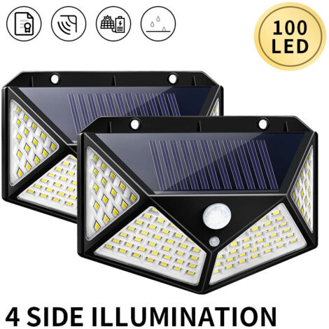 [Lot de 2] Lampe solaire, 100LED Lampes solaires pour extérieur, 270 ° lampe solaire très lumineuse avec détecteur de mouvement lampe murale de sécurité 3 modes, applique murale étanche pour jardin (1/5)
