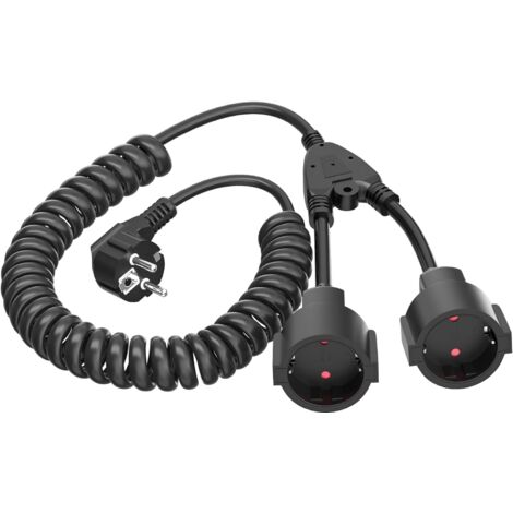 Rallonge 3M avec 2 Prises Schuko, câble spiralé Rallonge spiralée de 0,6m à 3 m Max, rallonge spiralée avec Double Prise Schuko(230V/16 A), 2 Prises Noir (1/5)