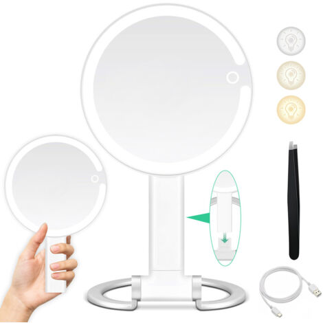 Miroir grossissant avec lumière 20X/1X, Lighted Makeup Mirror with Magnification, Make Up Mirrors Stand Up Double Sided, Magnified Travel Mirror with Lights, Rechargeable 3 Color Dimmable (1/5)
