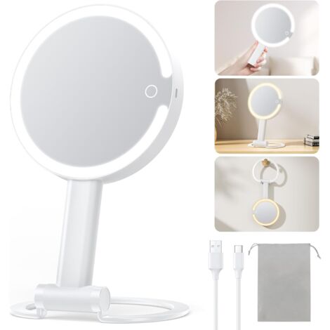 Magnifying Travel Makeup Mirror with Light 10X 1X Magnifition 2-Sided Lighted Vanity Mirror Rechargeable 3 in 1 Hand Held Desk Hanging, 3 Color Dimmable Lights, White (1/5)