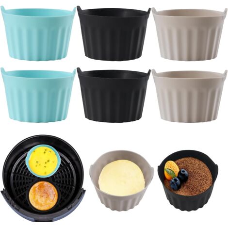6PCS Moule Silicone Air Fryer,Plat Pour Friteuse Sans Huile,Mafin Coupe Moule,Moule Pour Gâteau Au Four,Moule à Tarte Aux Oeufs,Air friteuse Accessoires, Silicone Bakeware,Noir + gris + bleu (1/5)