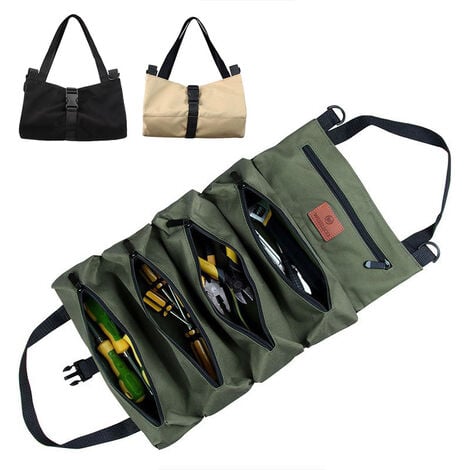 Sac à outils enroulable, en toile résistante, avec 5 poches zippées,  organisateur pour le siège arrière de la voiture., Army Green