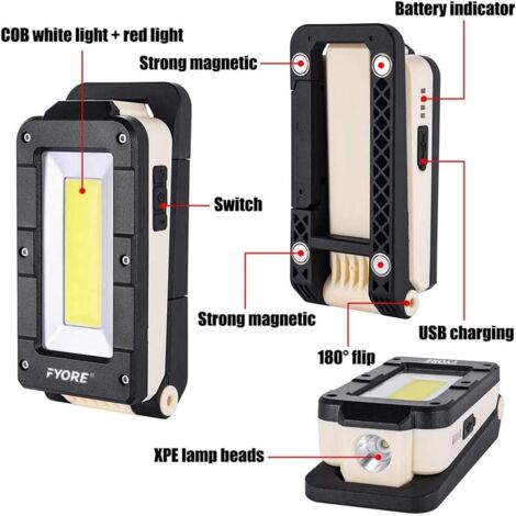 Lampe De Travail LED Rechargeable 3000mAh - Lampe Inspection Portable Magnétique Rotative 120° Avec SOS Et COB