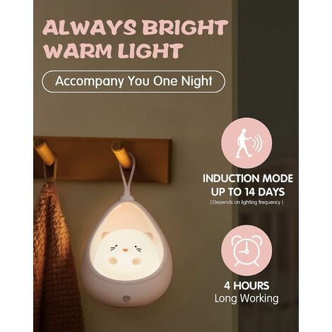 Veilleuse Moxtoyu Cute Cat Kids, Veilleuse Bébé avec Capteur, Veilleuse Enfant Rechargeable avec Crochet, Veilleuse Led Blanc Chaud