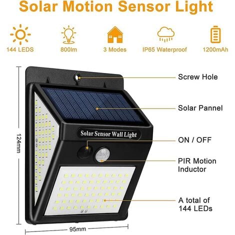 Lampe solaire extérieure à détecteur de mouvement, 3 modes, étanche Ip65, [2  packs 144 leds] sans fil